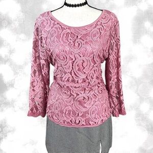 Adrianna Papell Feminine Pink Lace Long Sleeve Top